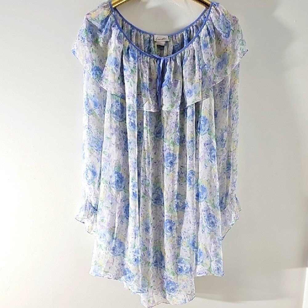 Vintage Y2K Floral Sheer Blouse with Ruffle Detail Long Sleeve. Sz Large‎